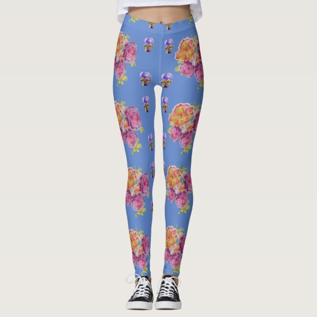 Roses roses violet Chabby aquarelle Leggings bleus (Devant)