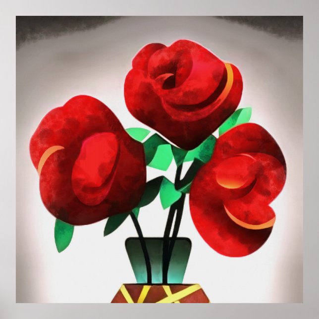 Roses Rouge Art Déco Dans Vase Art Abstrait (Devant)