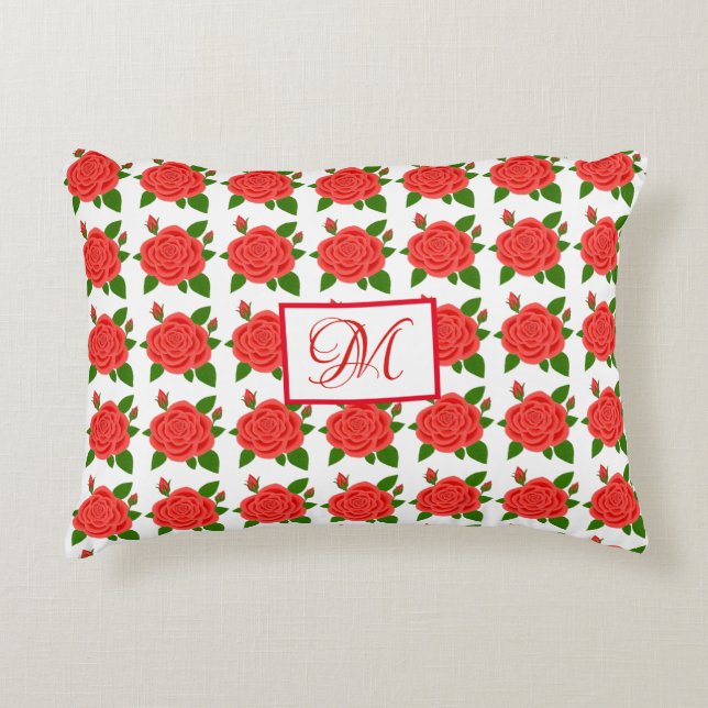 Roses rouges avec bourgeons Coussin d'accent Monog (Devant)