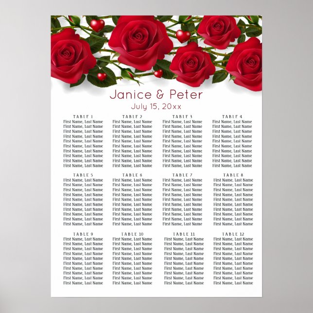 Roses rouges, coeurs Mariage 12 tables Tableau de  (Devant)