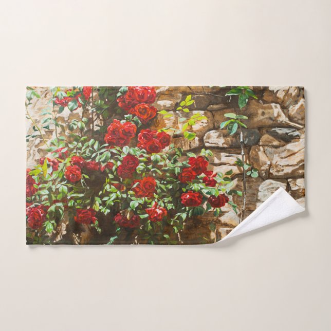 Roses rouges contre un mur de pierre (Serviette à main)