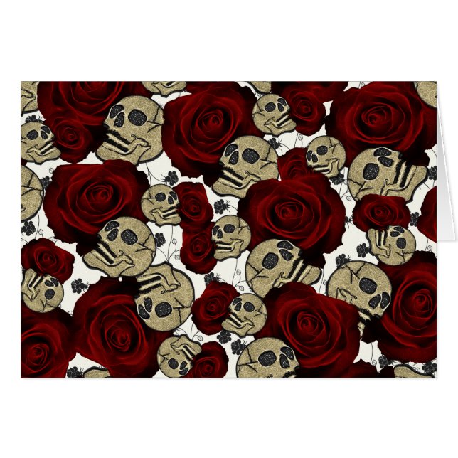 Roses Rouges & Crânes Floral Noir Gothique Blanc (Devant Horizontal)