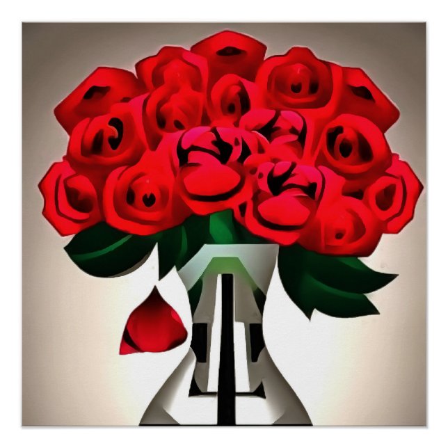 Roses Rouges Dans Vase Art Déco Art Abstrait (Devant)