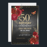 Roses rouges élégant 50e anniversaire Invitation<br><div class="desc">Elégant Faux en or confetti met en évidence sur la bordure supérieure et inférieure. Roses rouges profondes et brillantes aux accents floraux dorés. Tout le texte est ajustable et facile à changer pour vos besoins de partie. Grande élégante conception modèle de 50ème anniversaire.</div>