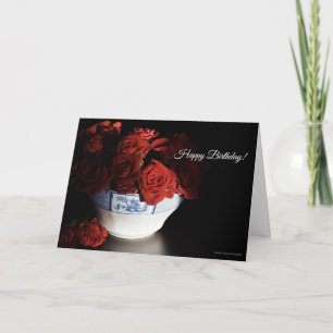 Roses rouges en Bleu & Bol Blanc Carte Anniversair