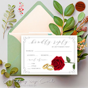 Roses rouges et anneaux Mariage floral carte RSVP