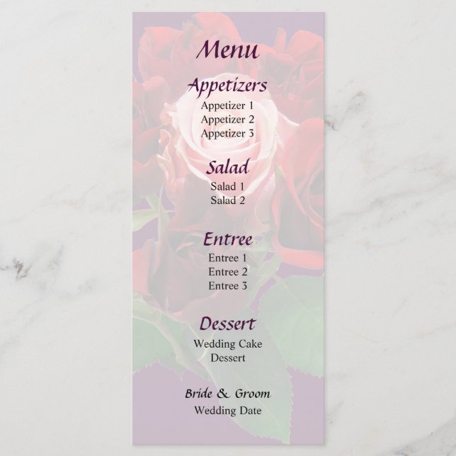 Roses rouges et menu Mariage Rose (Devant)