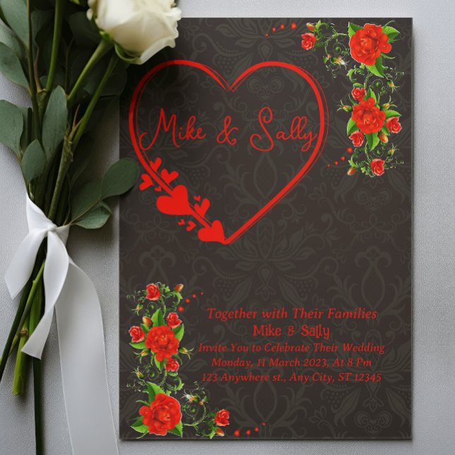 Roses rouges Faire-part de mariage (Red Roses Wedding Invitation, Red floral wedding invitation, Red wedding invite, Red flowers and gre)