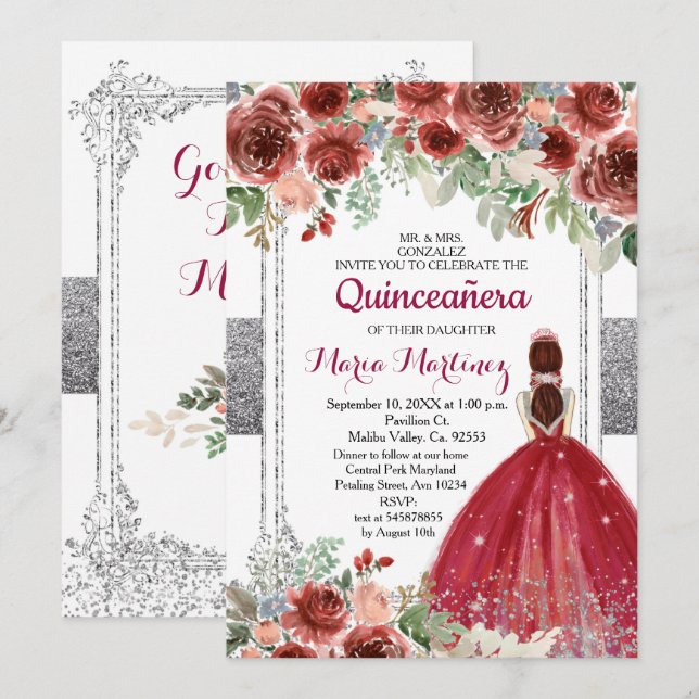 Roses Rouges Fleurs Argent Quinceanera Invitation (Devant / Derrière)