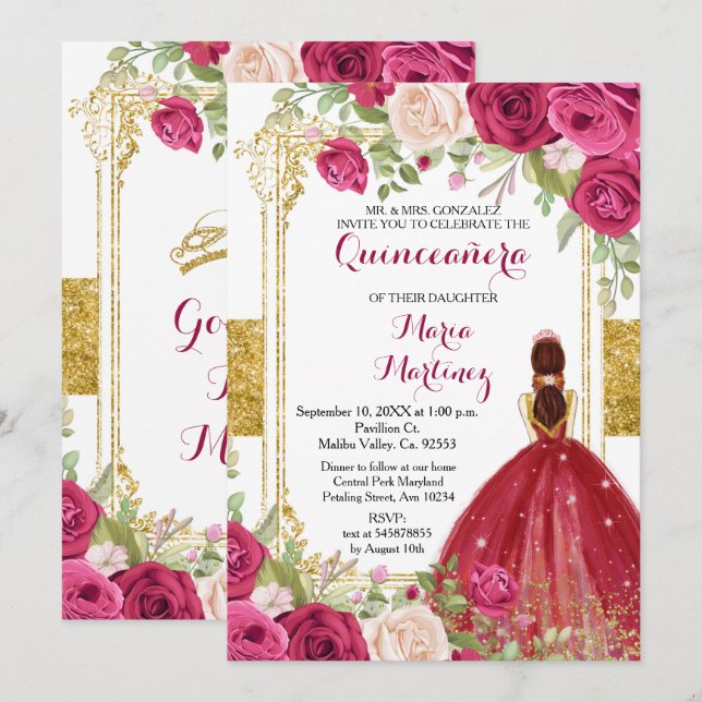 Roses rouges Fleurs or Quinceanera Invitation (Devant / Derrière)