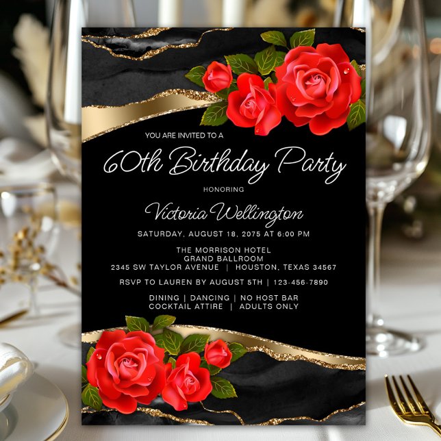 Roses Rouges Or Noir Invitation Anniversaire Tout  (Pretty red roses on an elegant black and gold background any number birthday and event invitation.)