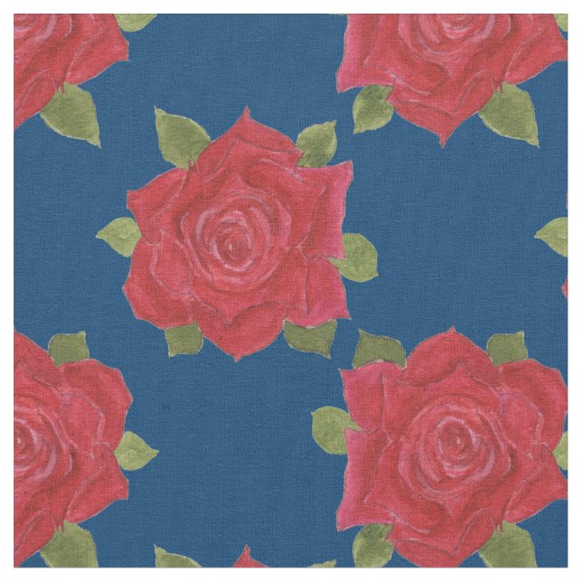 Roses rouges romantiques Motif sur tissu bleu pers (Fermer)