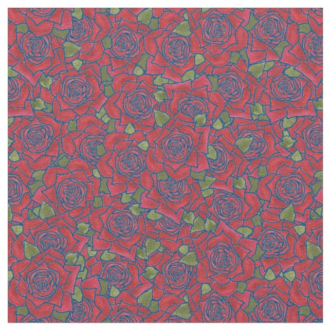Roses rouges romantiques sur tissu Motif bleu (Fermer)