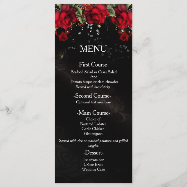 Roses rouges sur carte de menu de mariage noir (Devant)