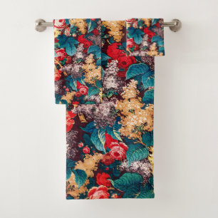Roses rouges vintages et motif floral lilas