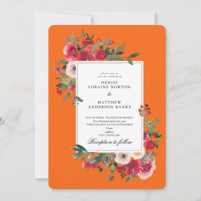 Roses sauvages et Faire-part de mariage orange (Devant)