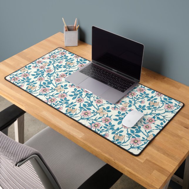 Roses sauvages et papillons /rose/bleu/blanc cassé (Bureau 2)