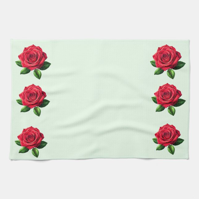 Roses sur des serviettes de cuisine vert pâle (Horizontal)