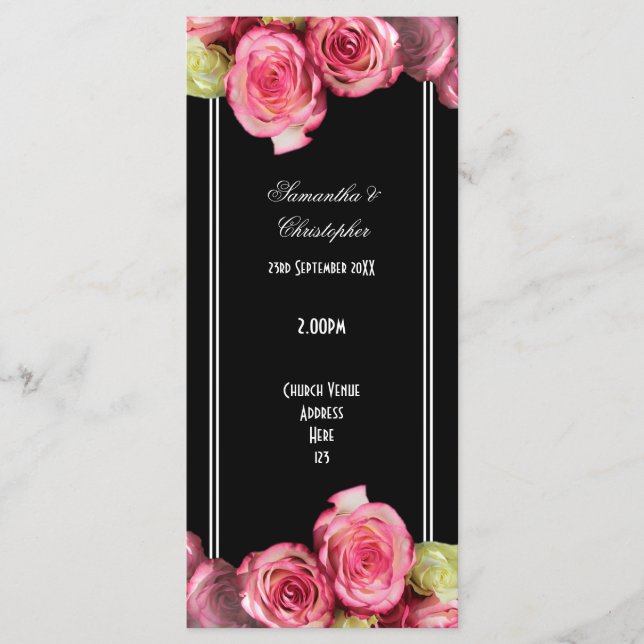 Roses sur le programme de mariage d'église noire (Devant)