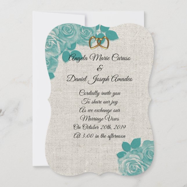 roses Turquoises faire-part de mariage sur lin (Devant)
