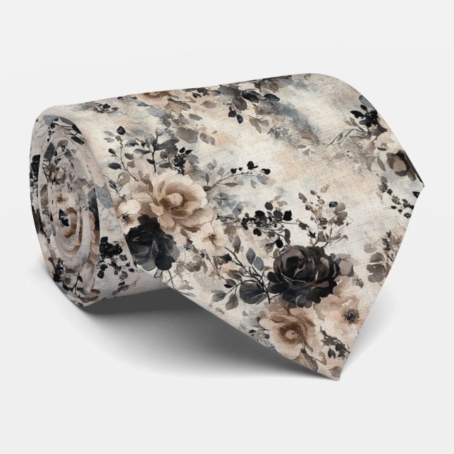 Roses vintages d'aquarelle en beige, cravate noire (Roulé)