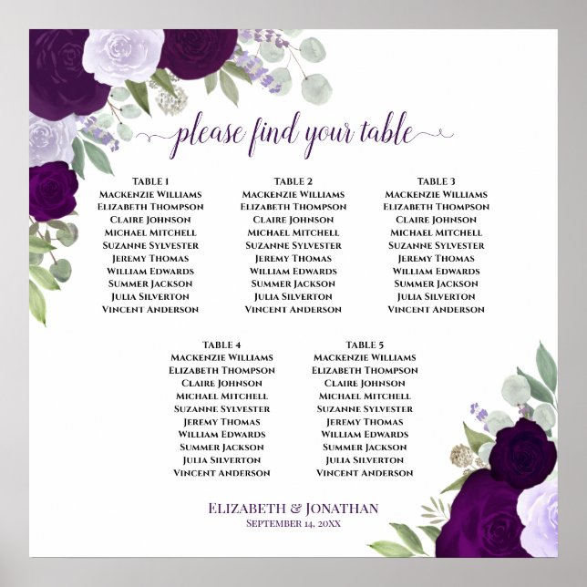Roses violets 5 Table Élégant tableau de mariage (Devant)
