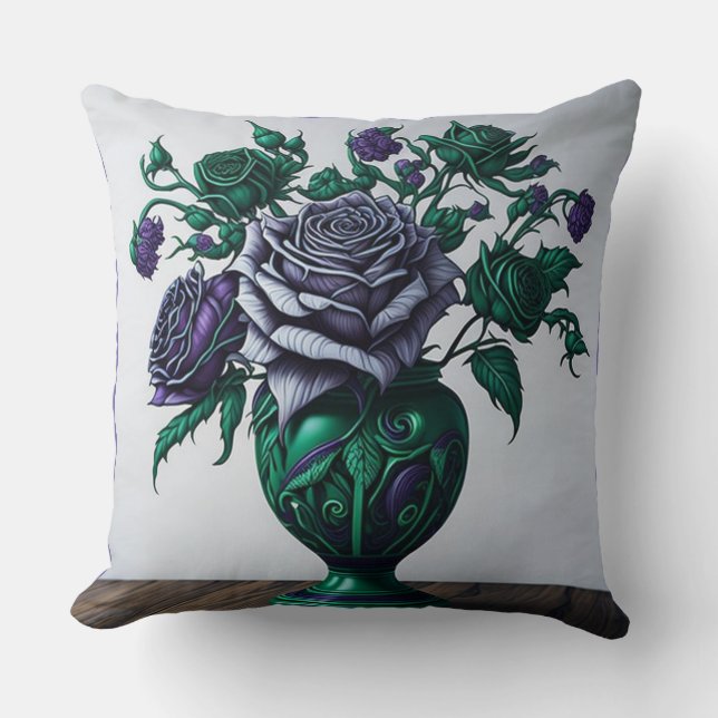 Roses violets dans un Coussin de vase vert émeraud (Recto)