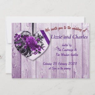 Roses violets et faire-part de mariage cardiaque