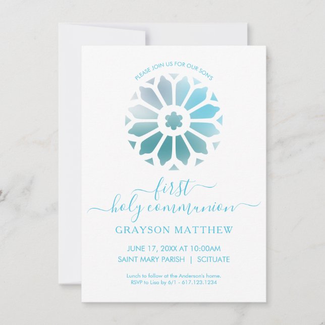 Rosette, Blue First Holy Communion Invitation (Devant)