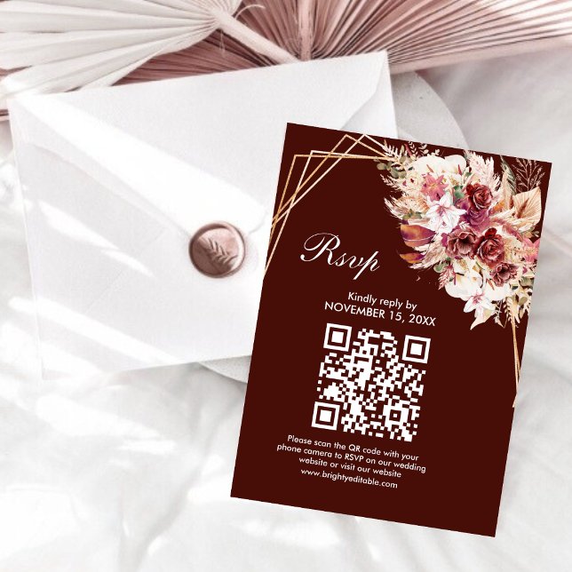 Rosewood Gold Frame QR Code Wedding RSVP Card (Créateur téléchargé)