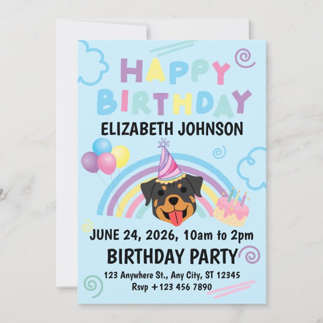 Rottweiler Birthday Invitation in Blue (Devant)