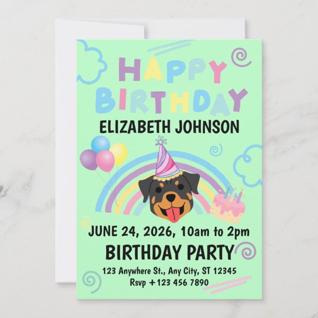 Rottweiler Birthday Invitation in Green (Devant)