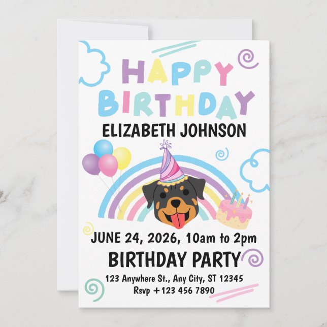 Rottweiler Birthday Invitation in White (Devant)