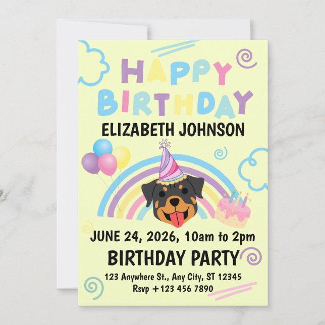 Rottweiler Birthday Invitation in Yellow (Devant)