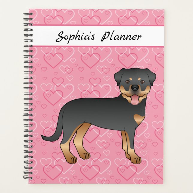 Rottweiler noir et feu sur cœurs roses et texte (Devant)