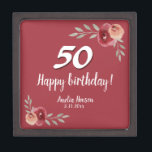 Rouge Aquarelle Rose Floral 50e Anniversaire boîte<br><div class="desc">Boite cadeau Rose Floral 50th Birthday Watercolor rouge. Roses d'aquarelle aux couleurs rouge et orange. Ajoutez le nom et la date de célébration. Vous pouvez modifier le numéro d'âge.</div>