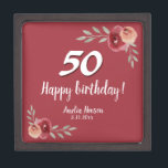 Rouge Aquarelle Rose Floral 50e Anniversaire boîte<br><div class="desc">Boite cadeau Rose Floral 50th Birthday Watercolor rouge. Roses d'aquarelle aux couleurs rouge et orange. Ajoutez le nom et la date de célébration. Vous pouvez modifier le numéro d'âge.</div>