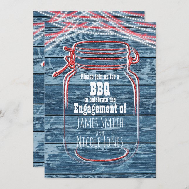Rouge blanc et bleu Mason Jar Invitations rustique (Devant / Derrière)