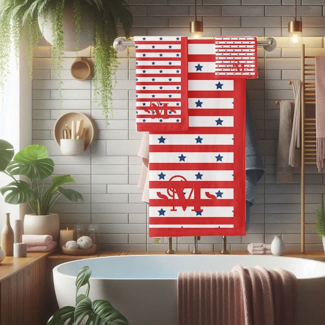 Rouge Blanc et Bleu Motif Étoiles Rayures Monogram (Red White and Blue Pattern Stars Stripes Monogram Bath Towel Set)