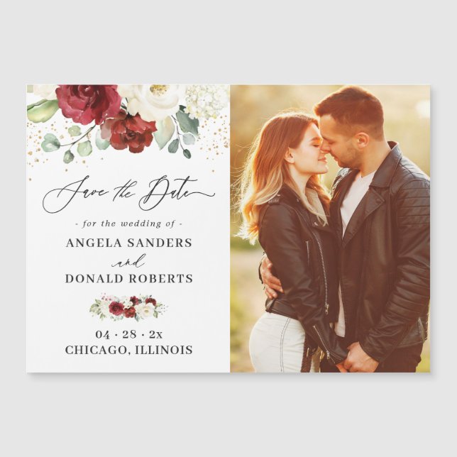 Rouge Blanc Floral Chic Wedding Enregistrer la dat (Devant)