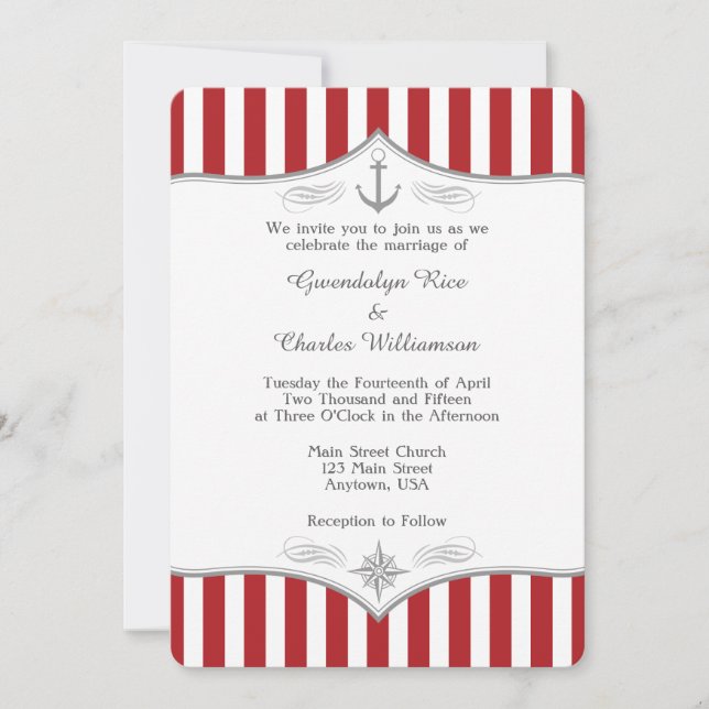 Rouge blanc gris Faire-part de mariage nautique (Devant)