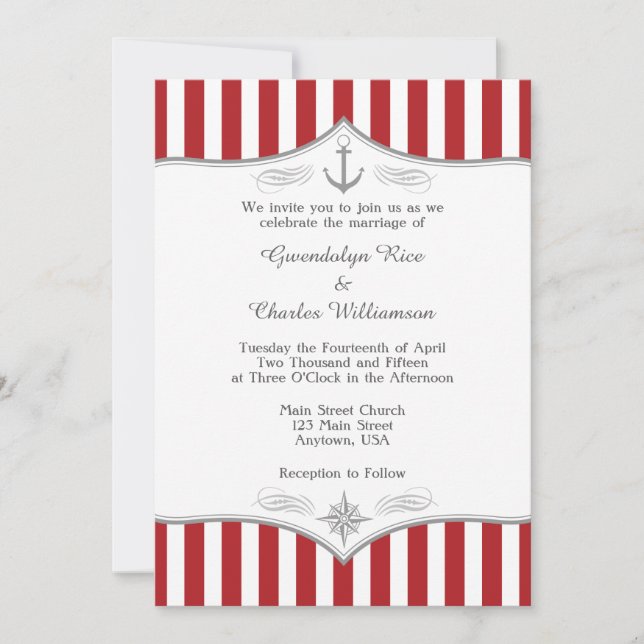 Rouge blanc gris Faire-part de mariage nautique (Devant)