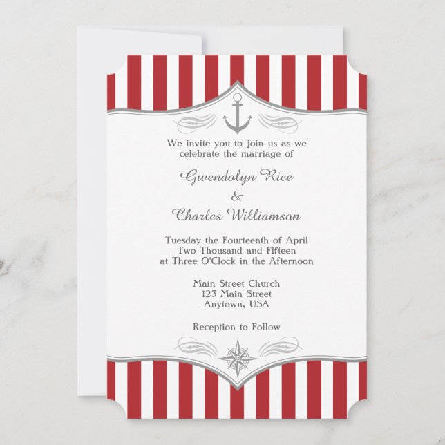 Rouge blanc gris Faire-part de mariage nautique (Devant)