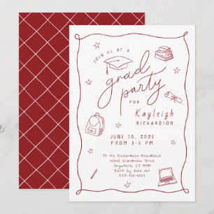 Rouge Blanc Rétro Main Tirée Grad Party Invitation