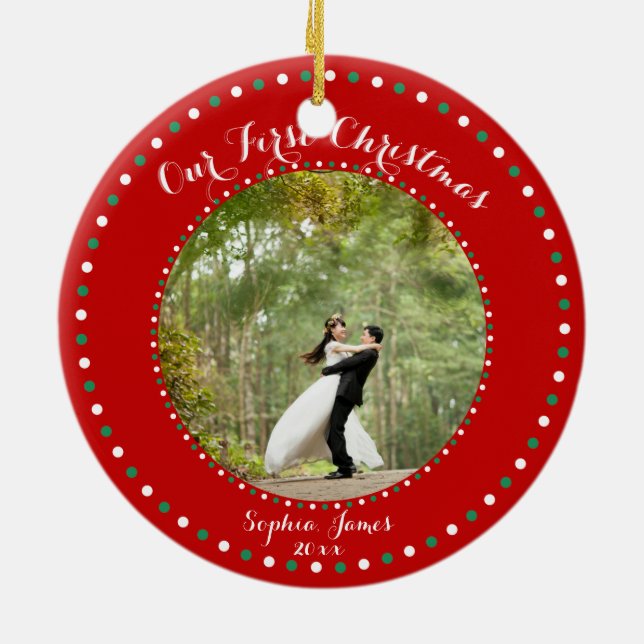 Rouge Blanc Vert Notre premier ornement de Noël (Dos)
