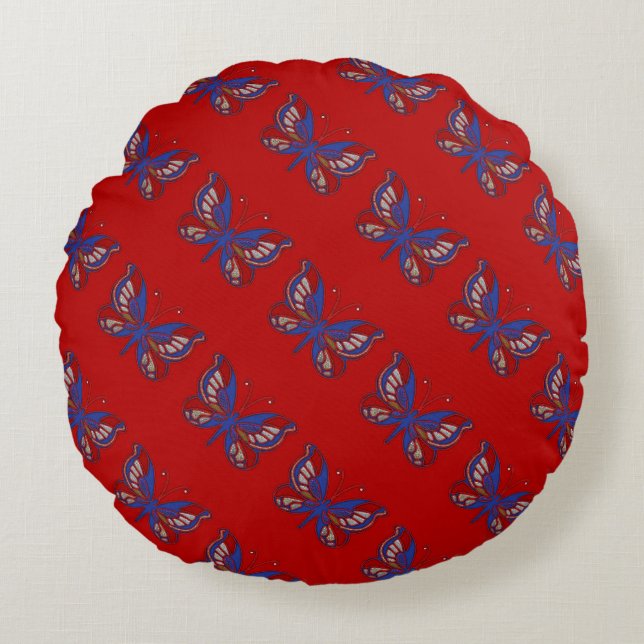 Rouge Bleu Bleu Papillon-Rouge Coussin rond (Devant)