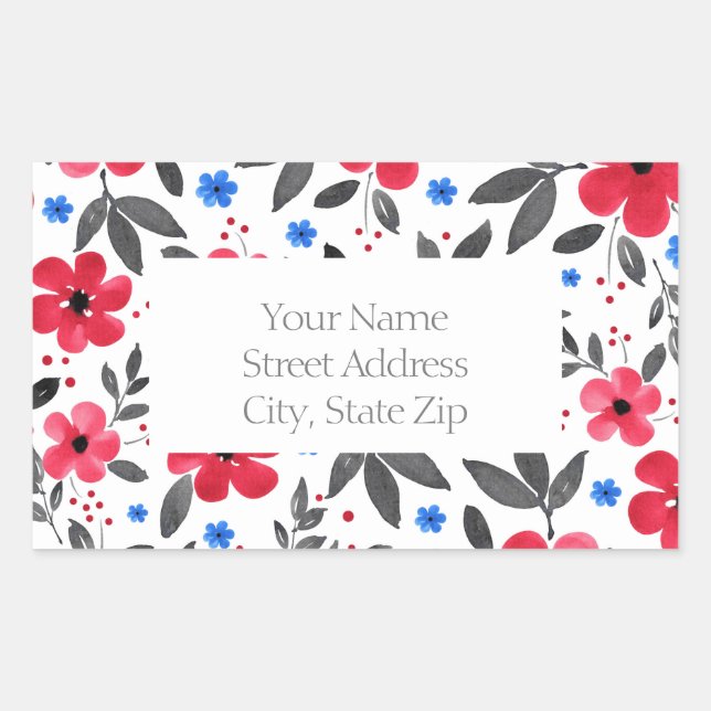 Rouge, Bleu, Gris Aquarelle Fleurs étiquettes (Devant)