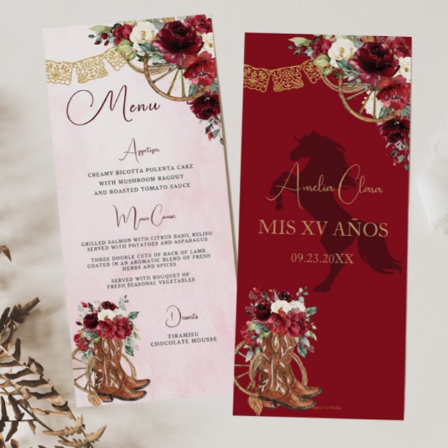 Rouge Bourgogne Floral Charro Quinceañera XV Menu (Créateur téléchargé)
