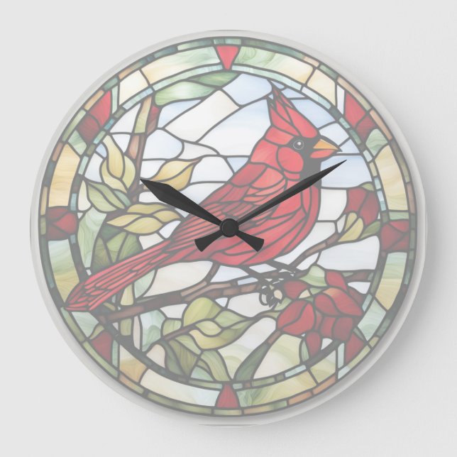 Rouge Cardinal Vitrail Horloge d'oiseaux des bois (Recto)