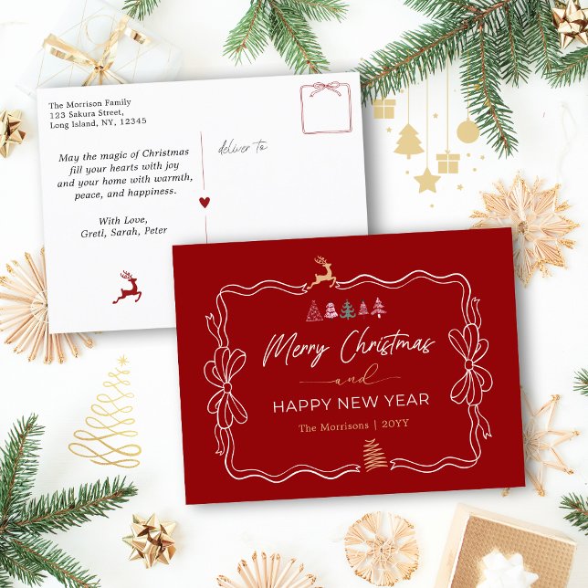 Rouge classique : Bow & Trees Doodles Carte postal (Classic Red: Bow & Trees Doodles Holiday Postcard)